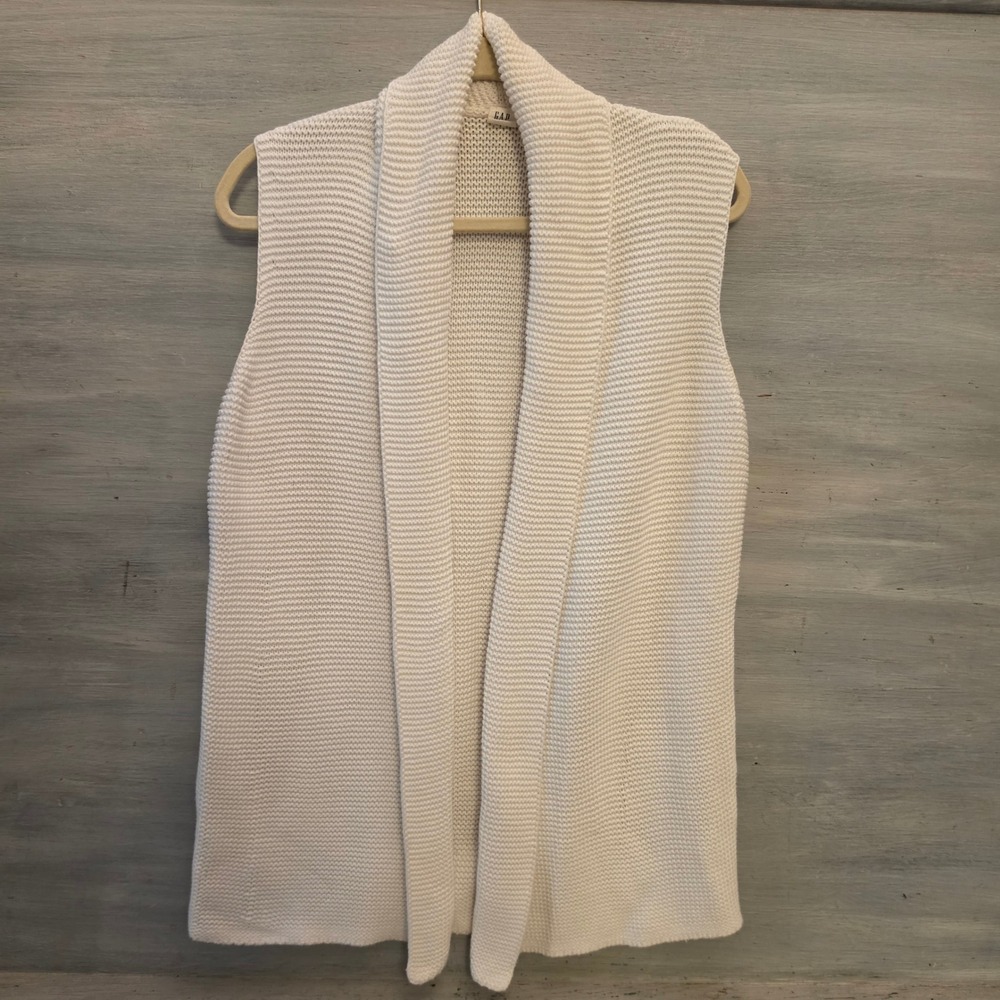 GAP 100% Cotton Cream Knit Sleeveless Open Front Cardigan Sweater Vest Medium GC